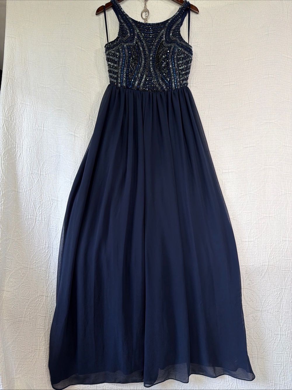 Aidan Mattox Navy Georgette Beaded Bateau Bodice Flare Formal Gown XS DAMAGED